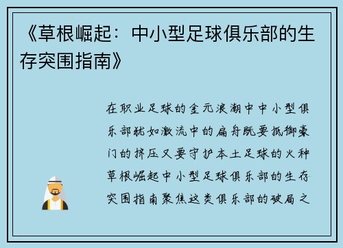 《草根崛起：中小型足球俱乐部的生存突围指南》