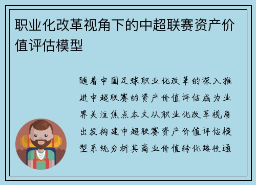 职业化改革视角下的中超联赛资产价值评估模型
